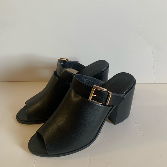 ASOS Hendon Black Slip On Mules Gold Buckle - Picture 2 of 7